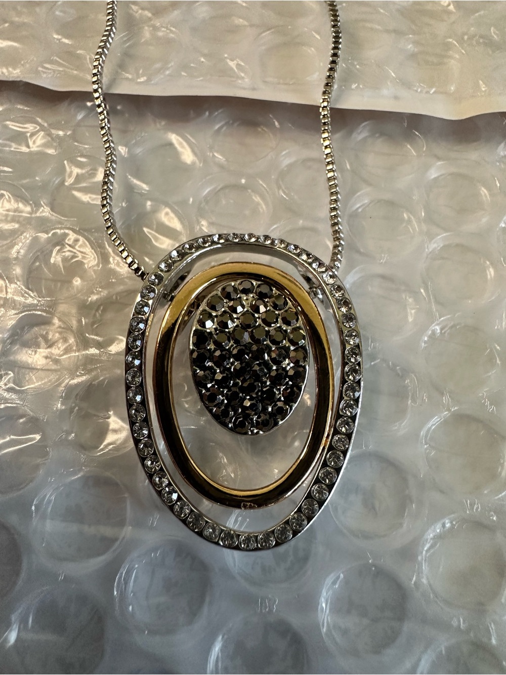 Unlisted Two-Tone Silver & Gold Crystal Oval Pendant Necklace